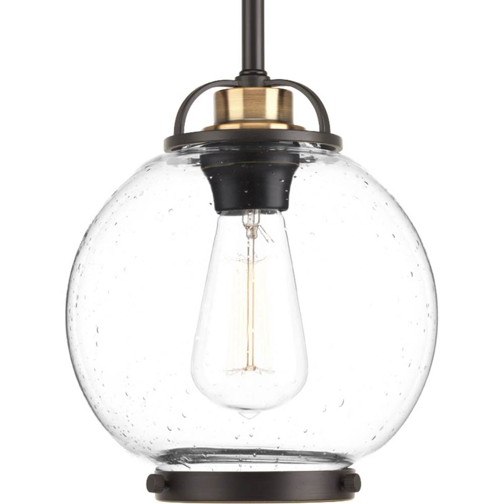 Progress Lighting Chronicle Collection One-Light Antique Bronze Clear Seeded White Opal Glass Coastal Mini-Pendant Light