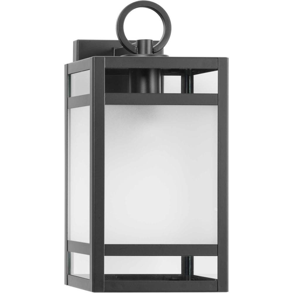 Progress Lighting Parrish Collection One-Light Matte Black Clear and Etched Glass Modern Craftsman Outdoor Medium Wall Lantern