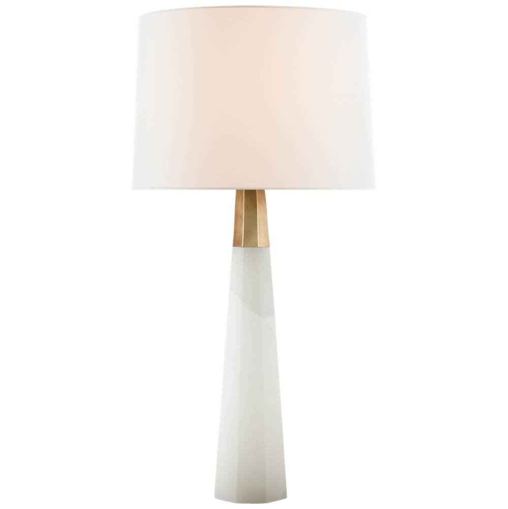 Visual Comfort Olsen Table Lamp in Alabaster and Hand-Rubbed Antique Brass with Linen Shade