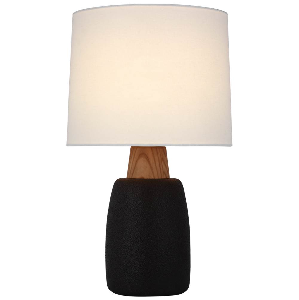 Visual Comfort Signature Collection Aida Large Table Lamp in Porous Black and Natural Oak with Linen Shade