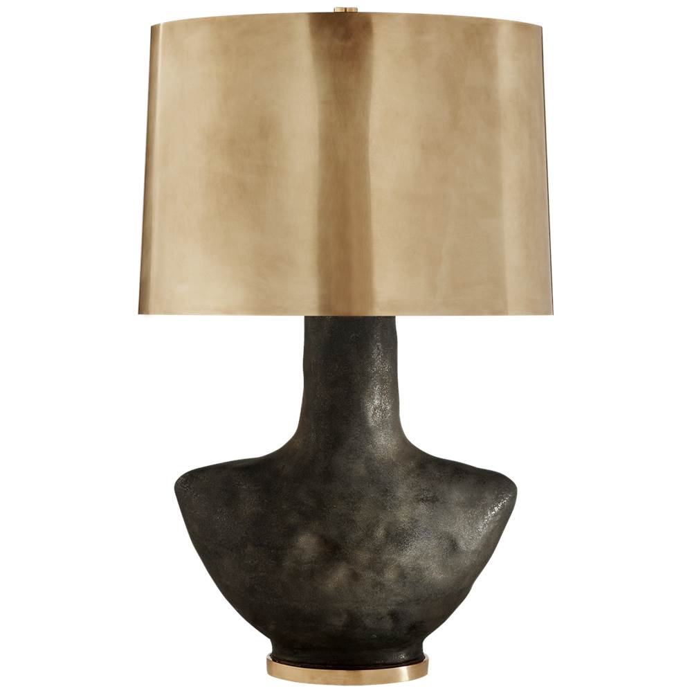 Visual Comfort Signature Collection Armato Small Table Lamp in Stained Black Metallic Ceramic with Oval Antique-Burnished Brass Shade