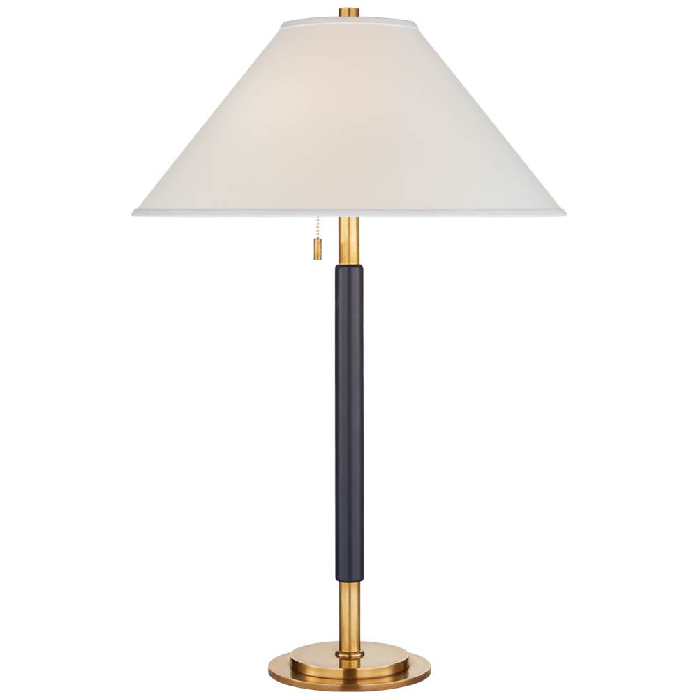 Visual Comfort Signature Collection Garner Table Lamp in Natural Brass and Navy Leather with Percale Shade