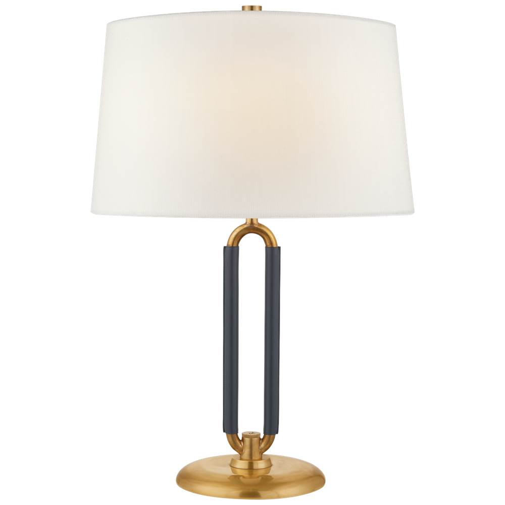 Visual Comfort Signature Collection Cody Medium Table Lamp in Natural Brass and Navy Leather with Linen Shade