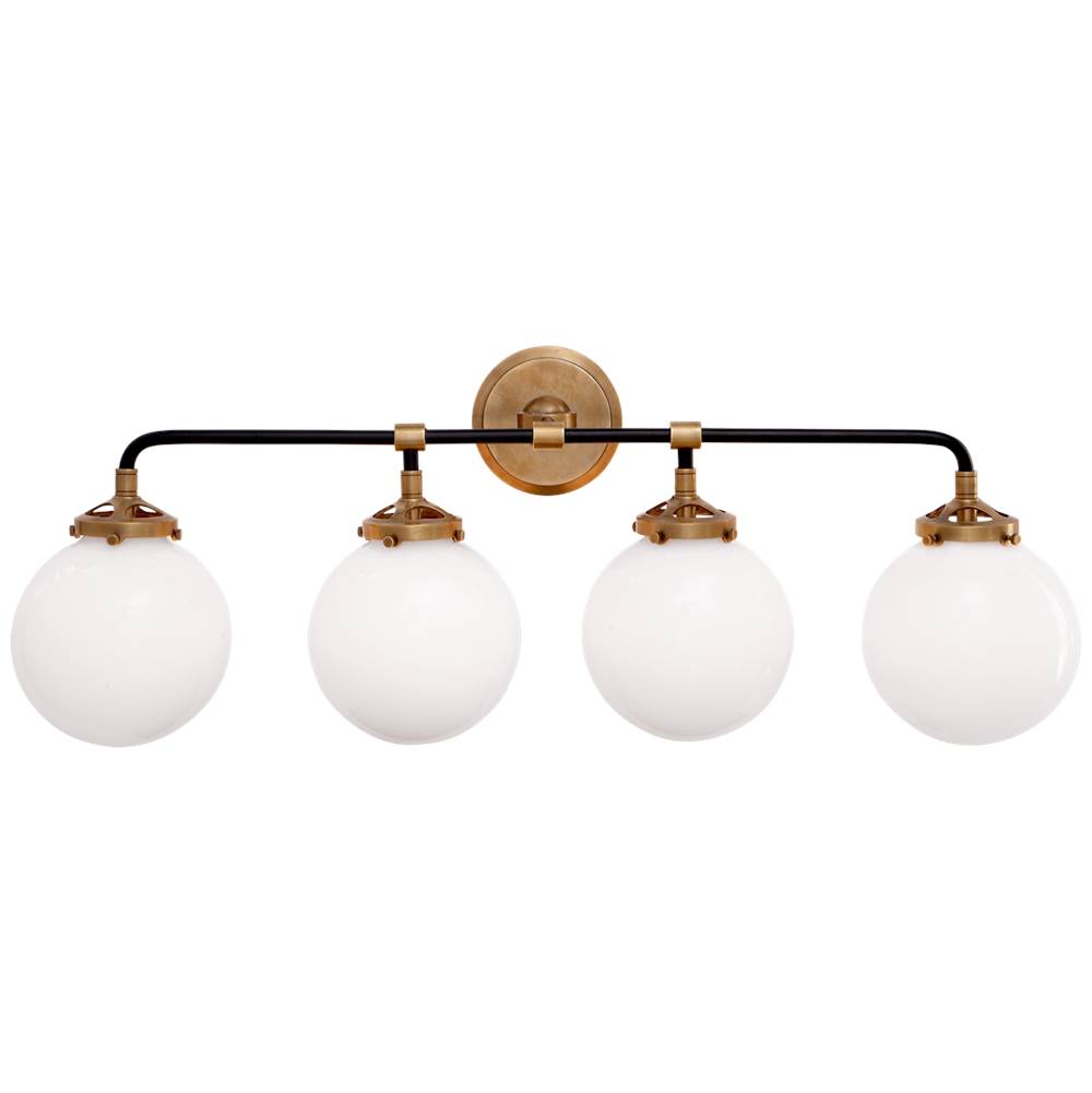 Visual Comfort Signature Collection Bistro Four Light Bath Sconce in Hand-Rubbed Antique Brass and Black with White Glass