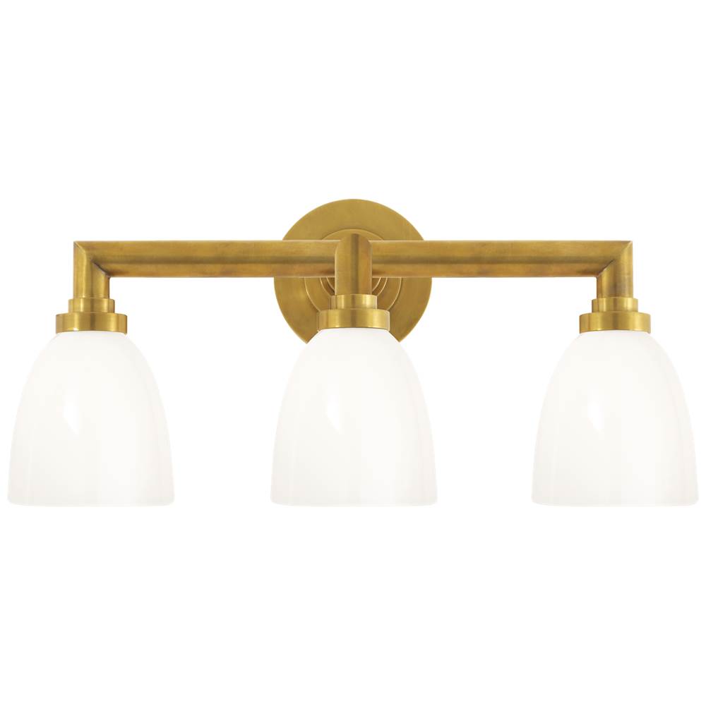 Visual Comfort Signature Collection Wilton Triple Bath Light in Hand-Rubbed Antique Brass with White Glass
