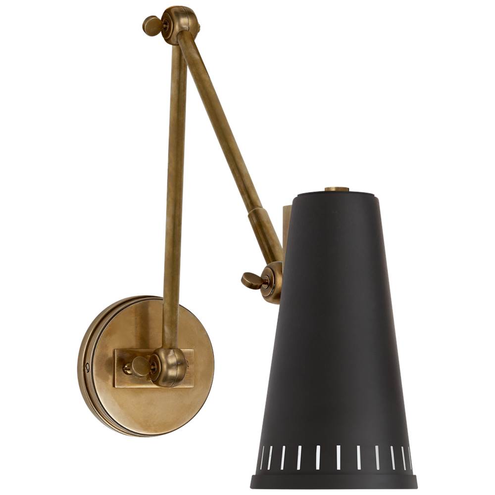 Visual Comfort Signature Collection Antonio Adjustable Two Arm Wall Lamp in Hand-Rubbed Antique Brass with Matte Black Shade