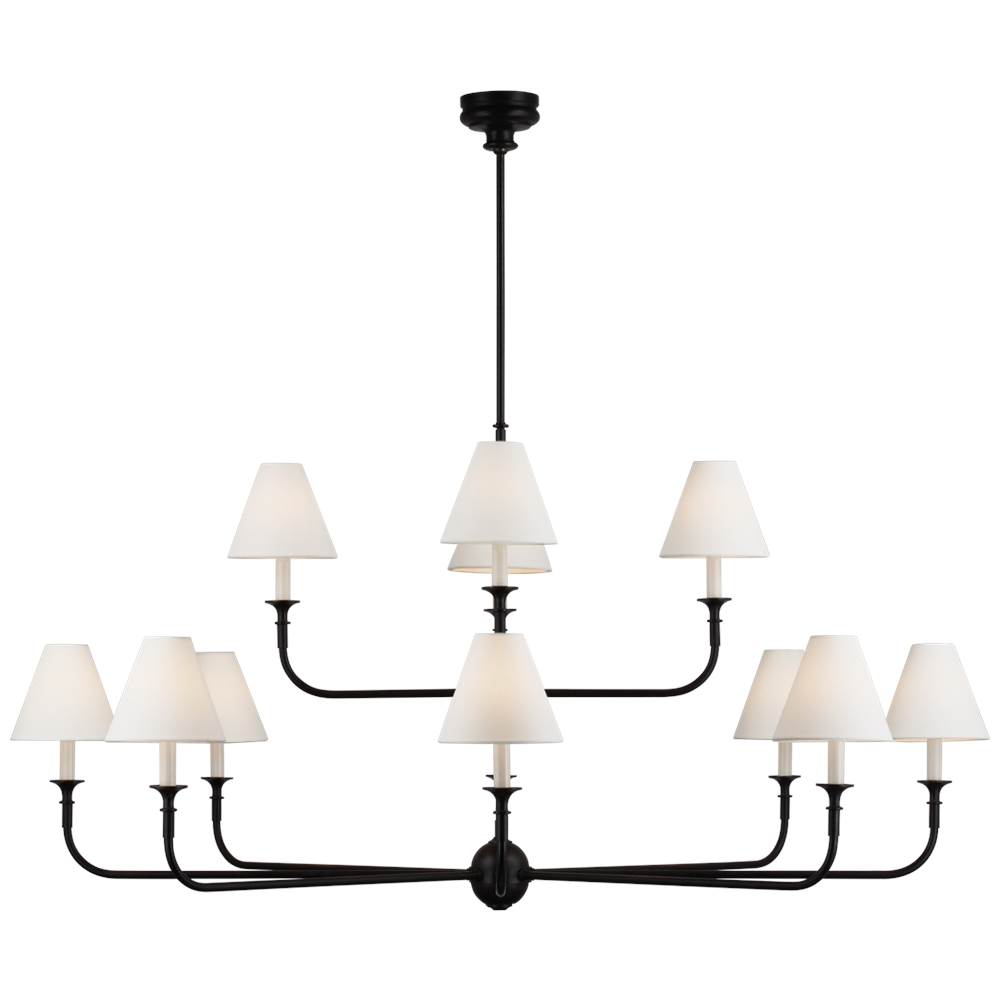 Visual Comfort Signature Collection Piaf Grande Two-Tier Chandelier in Aged Iron and Ebonized Oak with Linen Shades